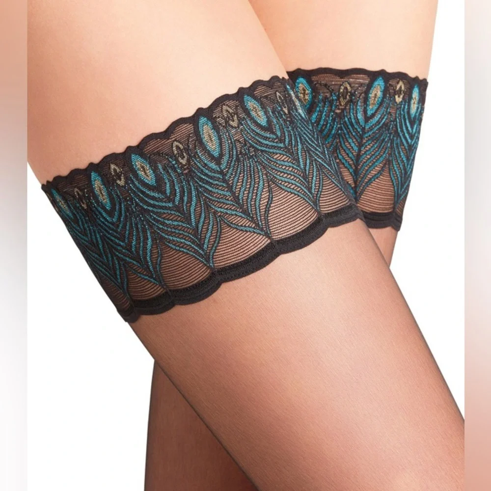 FALKE LUNELLE 8 STAY UPS THIGH HIGH  BLACK PEACOCK TOPS SIZE III - LARGE NWT